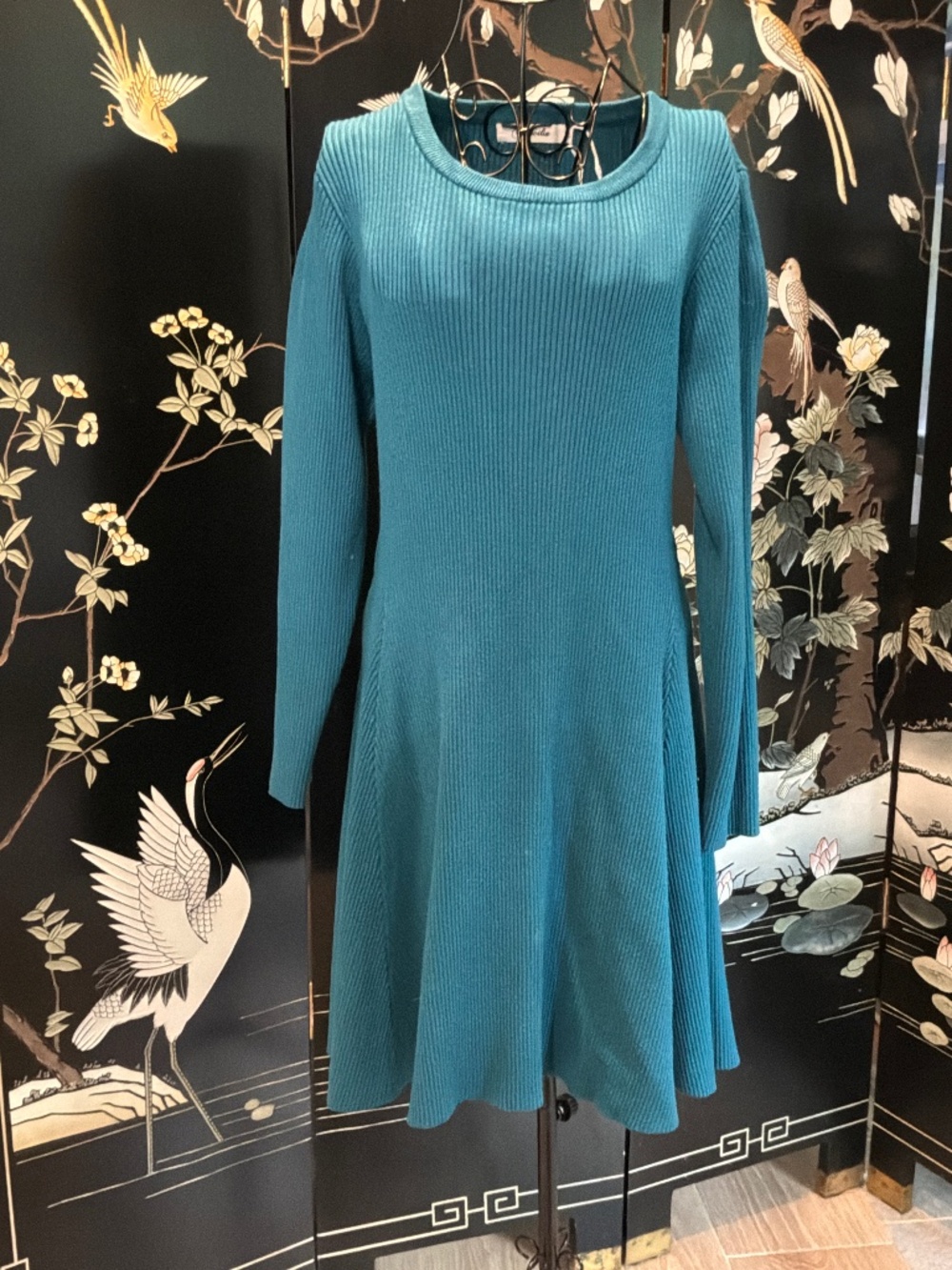 Caracilia Teal Blue Ribbed Fit & Flare Sweater Dress Size L